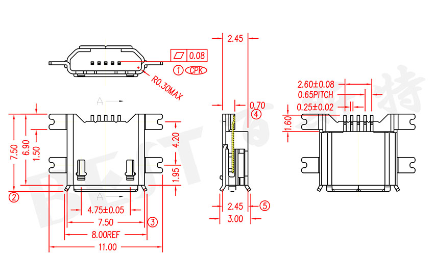 USB插座USB-MC-001-06參考圖紙 USB插座USB-MC-001-06參考圖紙