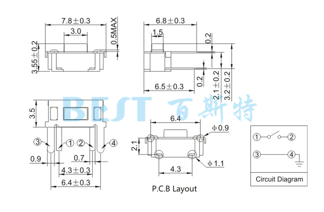 輕觸開關TS-1188A參考圖紙 輕觸開關TS-1188A參考圖紙
