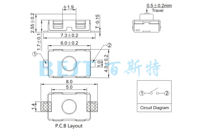輕觸開關TS-1181GJ參考圖紙 輕觸開關TS-1181GJ參考圖紙